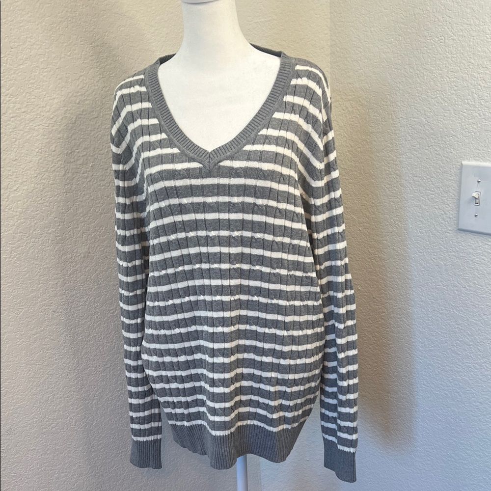 Style & Co Gray and White Striped Long Sleeve Sweater